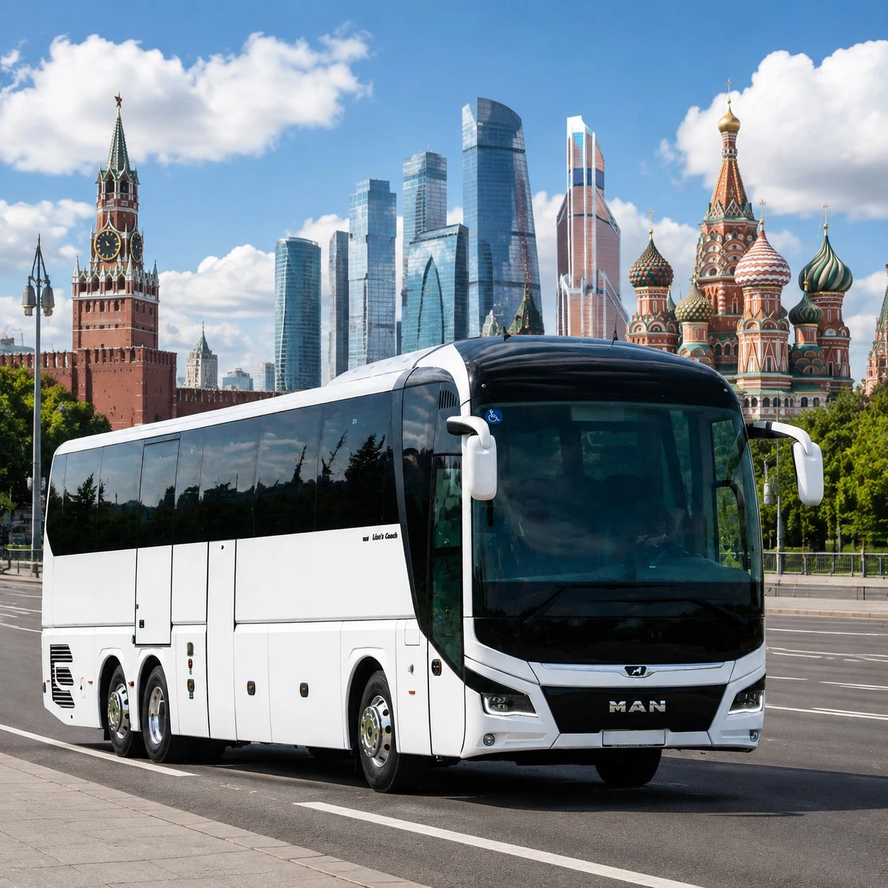 Белый туристический автобус MAN в Москве